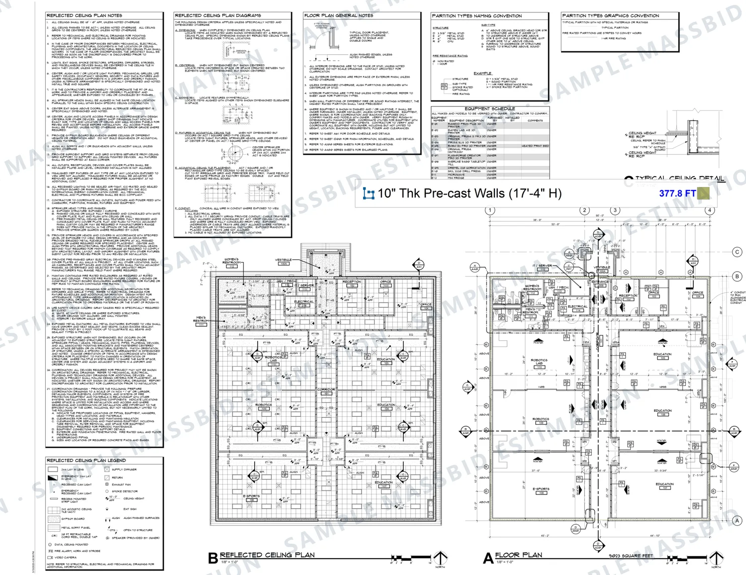 Floor plan and reflected ceiling plan of a storm shelter classroom building with the precast walls traced and a legend listing 377.8 feet of 10 inch thick precast walls 17 feet 4 inches high