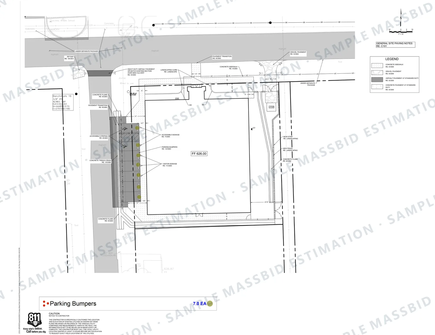 Site plan of a storm shelter building with parking bumpers dotted and a legend counting seven precast parking bumpers