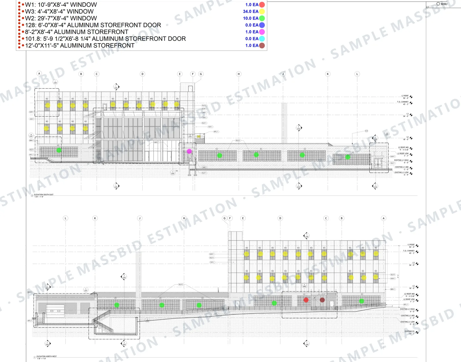 Design-development building elevations with a colored dot on every window and storefront unit and a legend counting each type by size, including 34 windows of one size and 10 of another on these two elevations