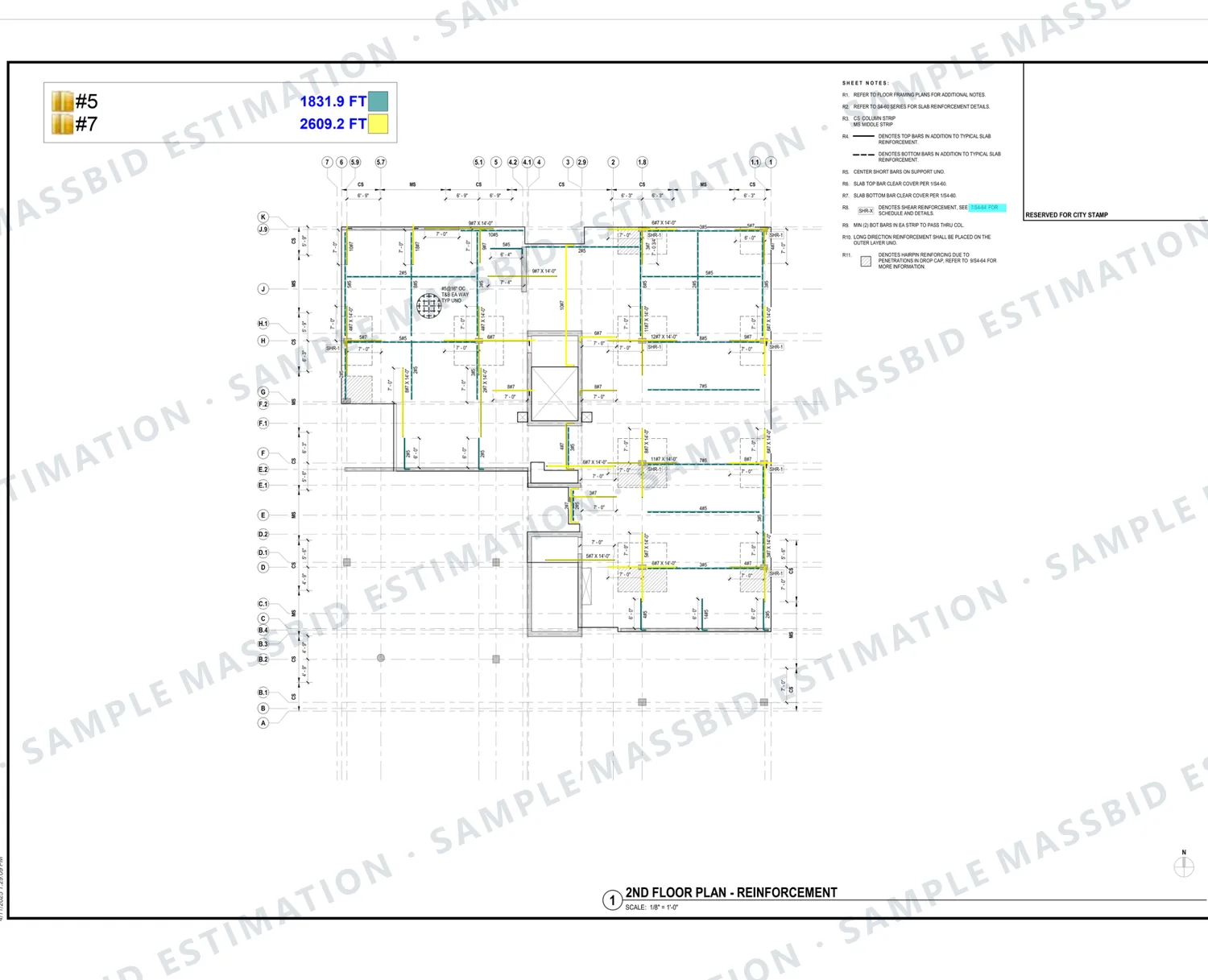 Second-floor reinforcement plan with added slab bars traced in two colors and a legend listing 1,831.9 feet of number 5 bar and 2,609.2 feet of number 7 bar