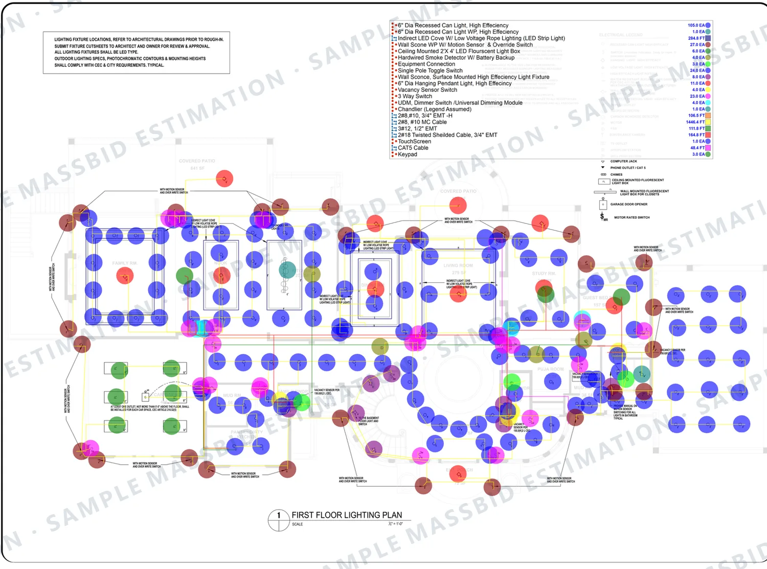 First-floor lighting plan of a custom home with a colored dot on every fixture and device and a legend counting 105 recessed can lights, wall sconces, switches and sensors, with LED cove lighting, conduit and cable measured in feet