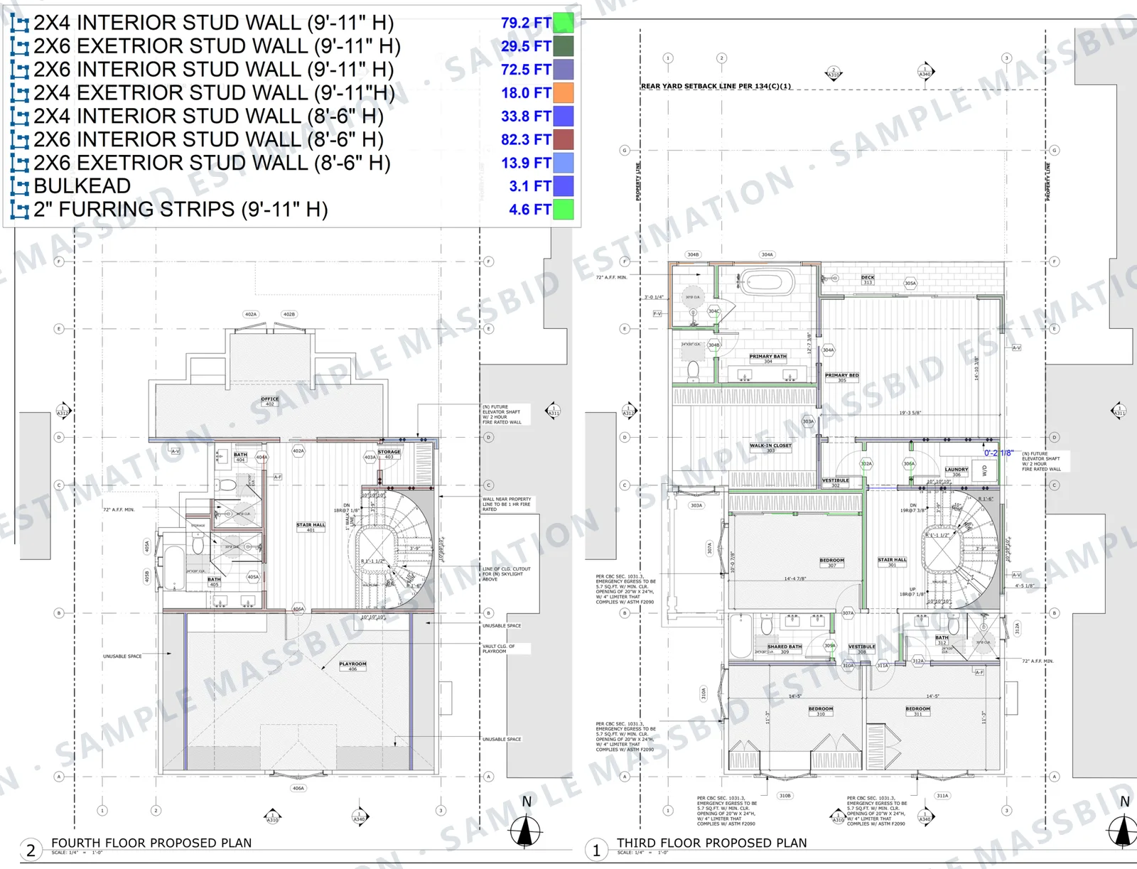 Third and fourth floor plans of a single-family house with stud walls traced in separate colors by size and height, and a legend listing linear feet of 2x4 and 2x6 interior and exterior walls at 9 foot 11 inch and 8 foot 6 inch heights, plus bulkhead and furring strips