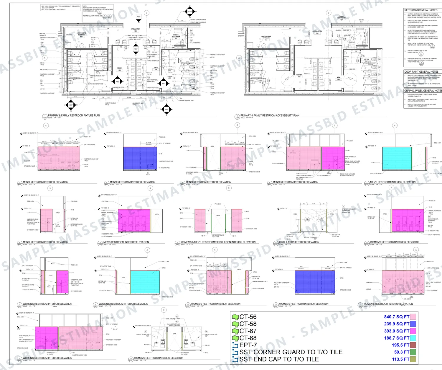 Restroom plans and interior elevations of a retail store with each wall tile type shaded in a different color and a legend listing four ceramic tile types in square feet, with stainless steel corner guards and end caps in linear feet