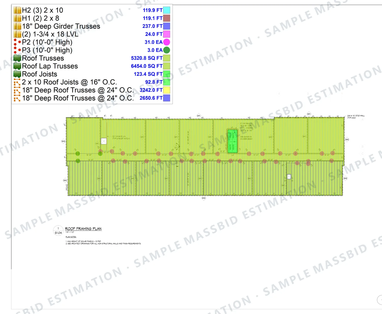Roof framing plan of an apartment building with truss areas shaded and a legend listing 5,320.8 square feet of roof trusses, 6,454 square feet of roof lap trusses, 18 inch deep girder trusses in linear feet, headers, an LVL beam, posts and 2x10 roof joists