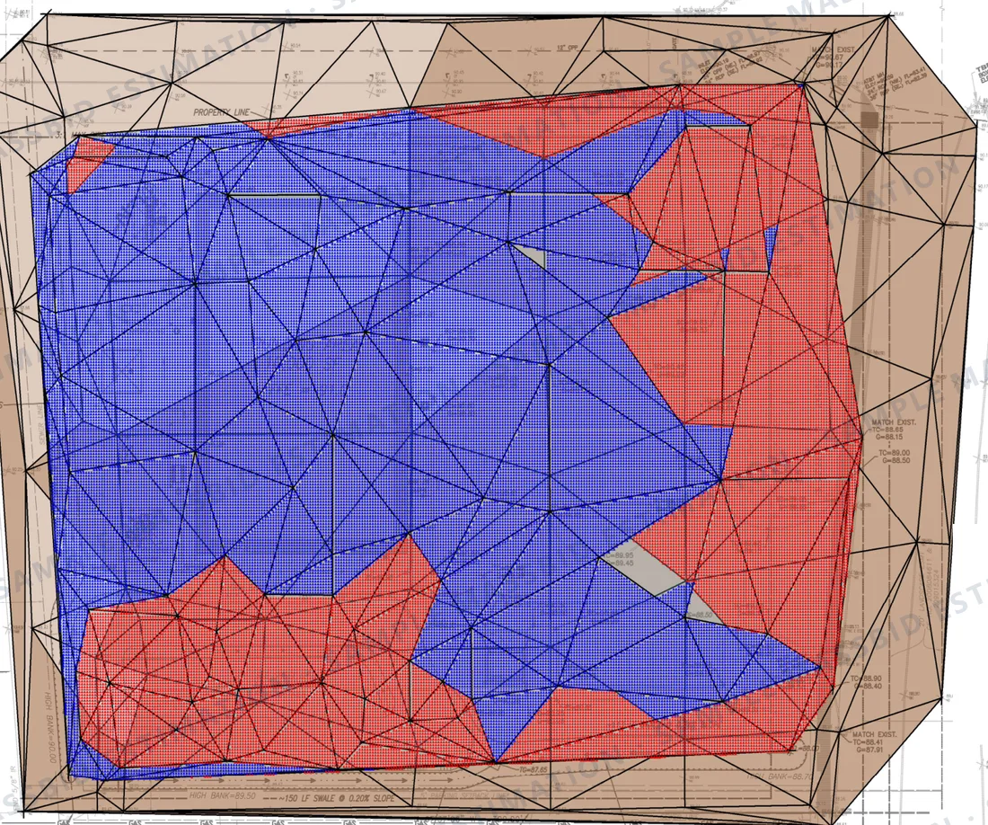 Earthwork takeoff model over a site grading plan, with the surface triangulated and the cut areas and fill areas shaded in two separate colors