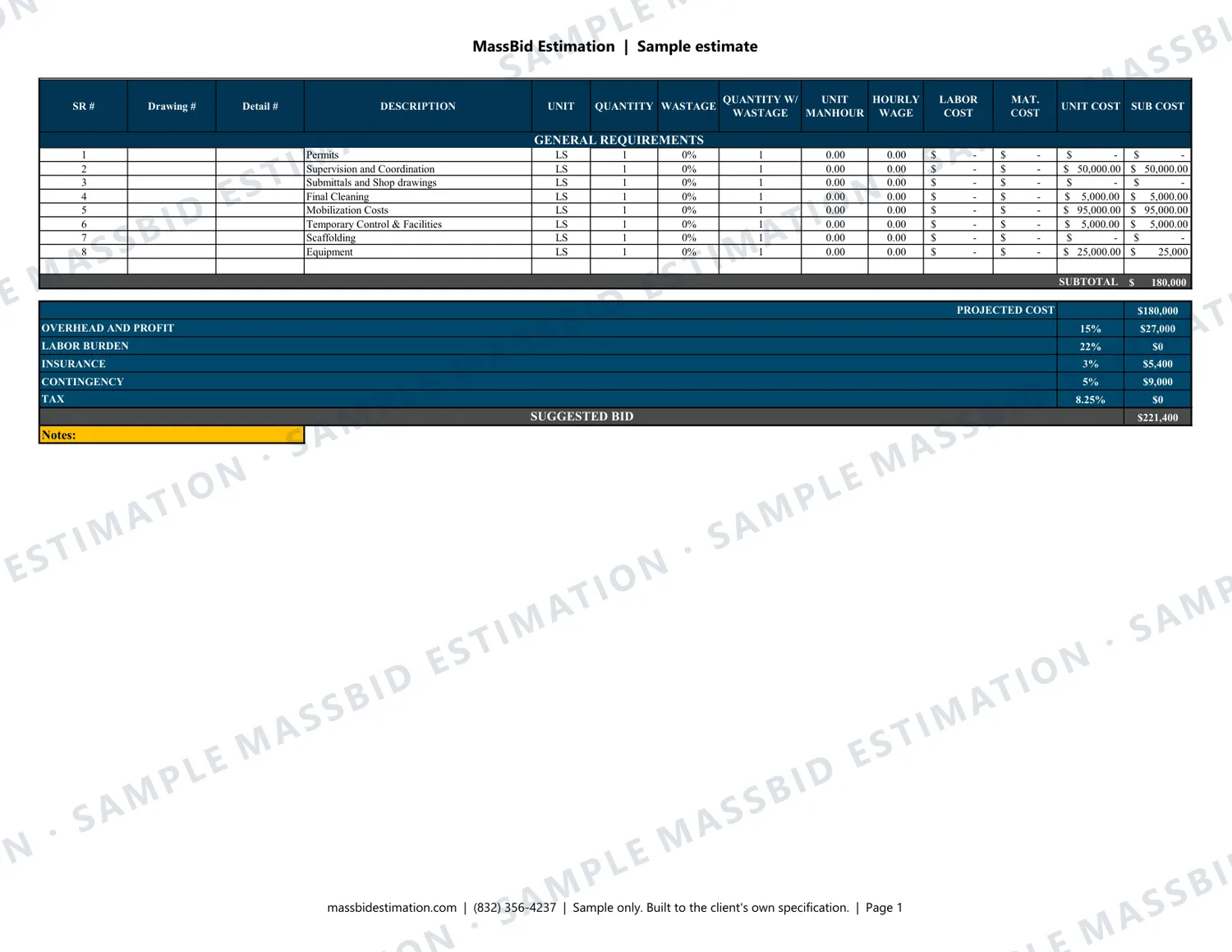 Page 1 of a sample general requirements (CSI Division 01) for a childcare center, 10,100 sq ft in Texas, with the MassBid Estimation watermark