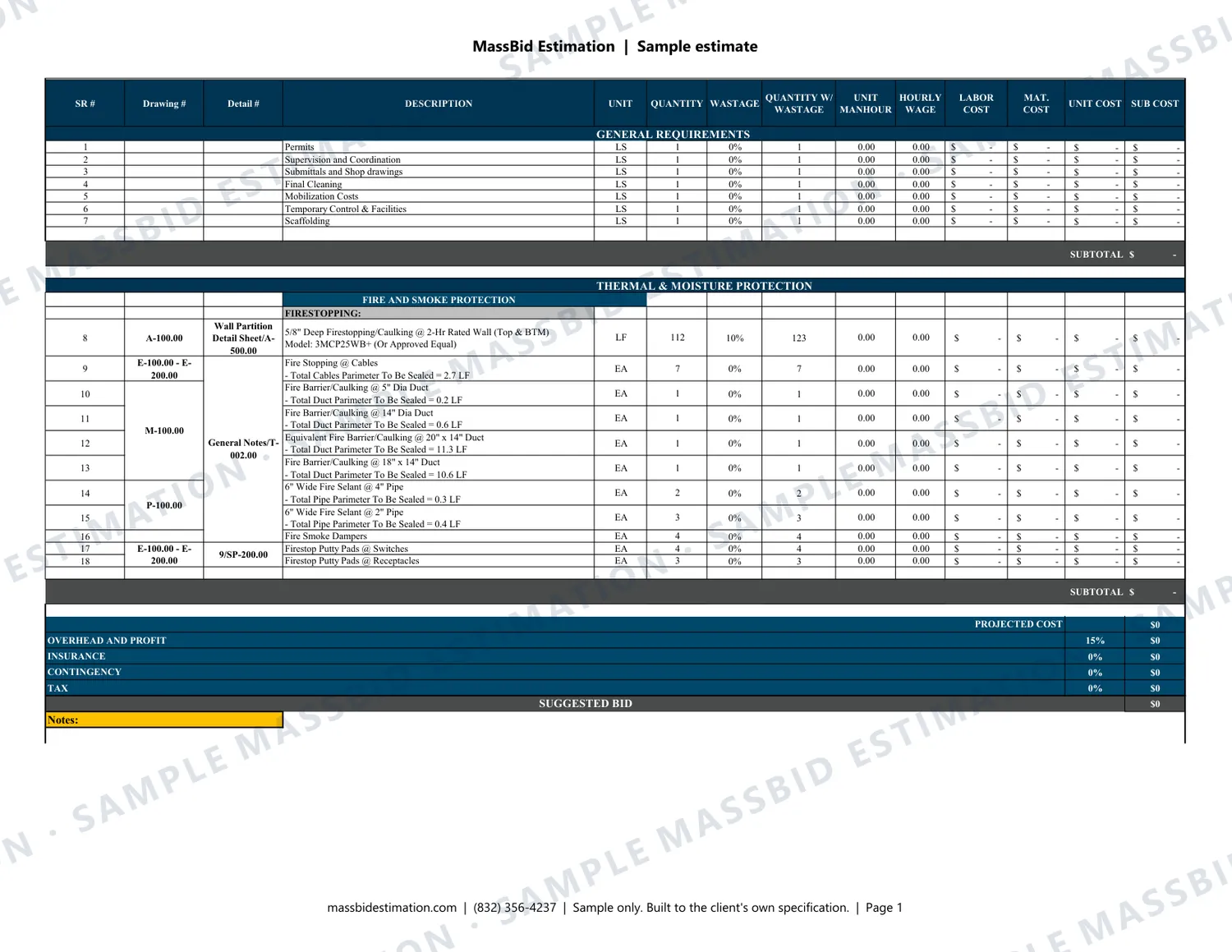 Page 1 of a sample firestopping (CSI Division 07) for a retail tenant space in New York, with the MassBid Estimation watermark