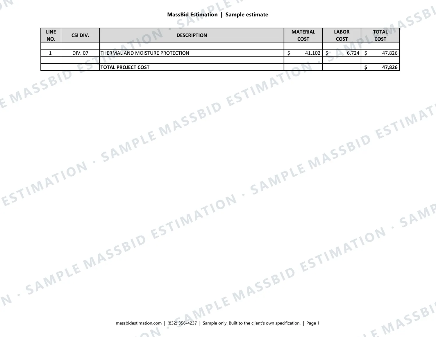 Page 1 of a sample roof repair (CSI Division 07) for a three-story dormitory, 15,560 sq ft in Texas, with the MassBid Estimation watermark