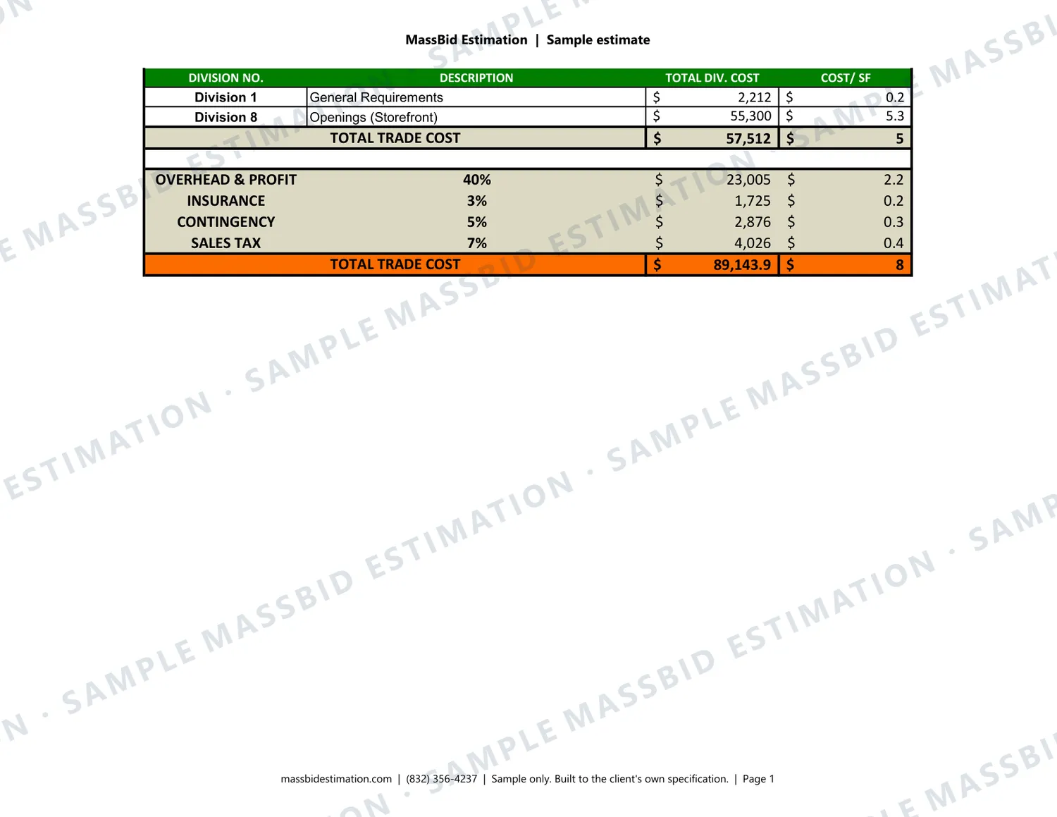 Page 1 of a sample storefront and glazing (CSI Division 08) for a equipment rental building, 10,500 sq ft in North Carolina, with the MassBid Estimation watermark