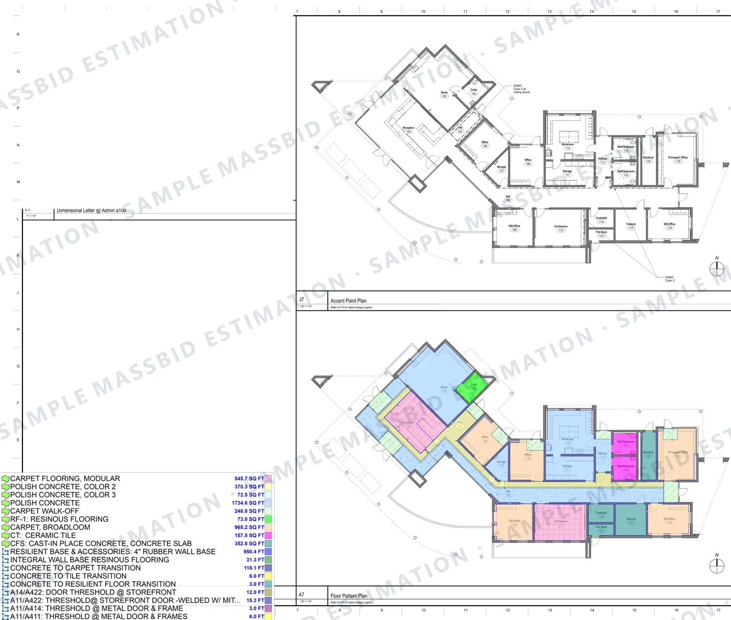 Floor pattern plan of an elementary school building in California with carpet, polished concrete, resinous flooring and tile shaded separately and a legend listing each area in square feet