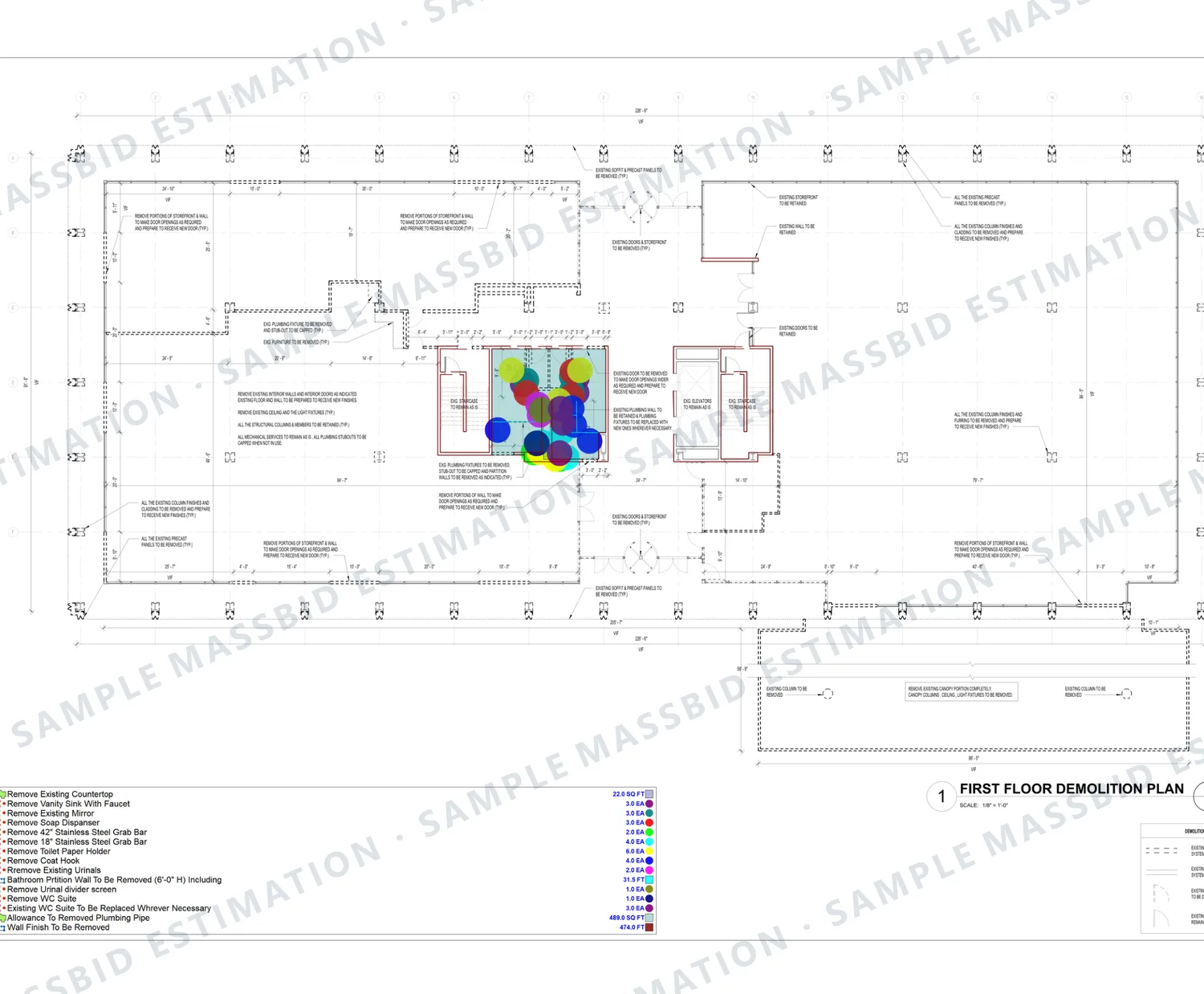 First-floor demolition plan with the restroom core dotted by item and a legend counting vanity countertops, sinks, mirrors, grab bars, toilet partitions, urinals and water closets to be removed, with wall finish in square feet
