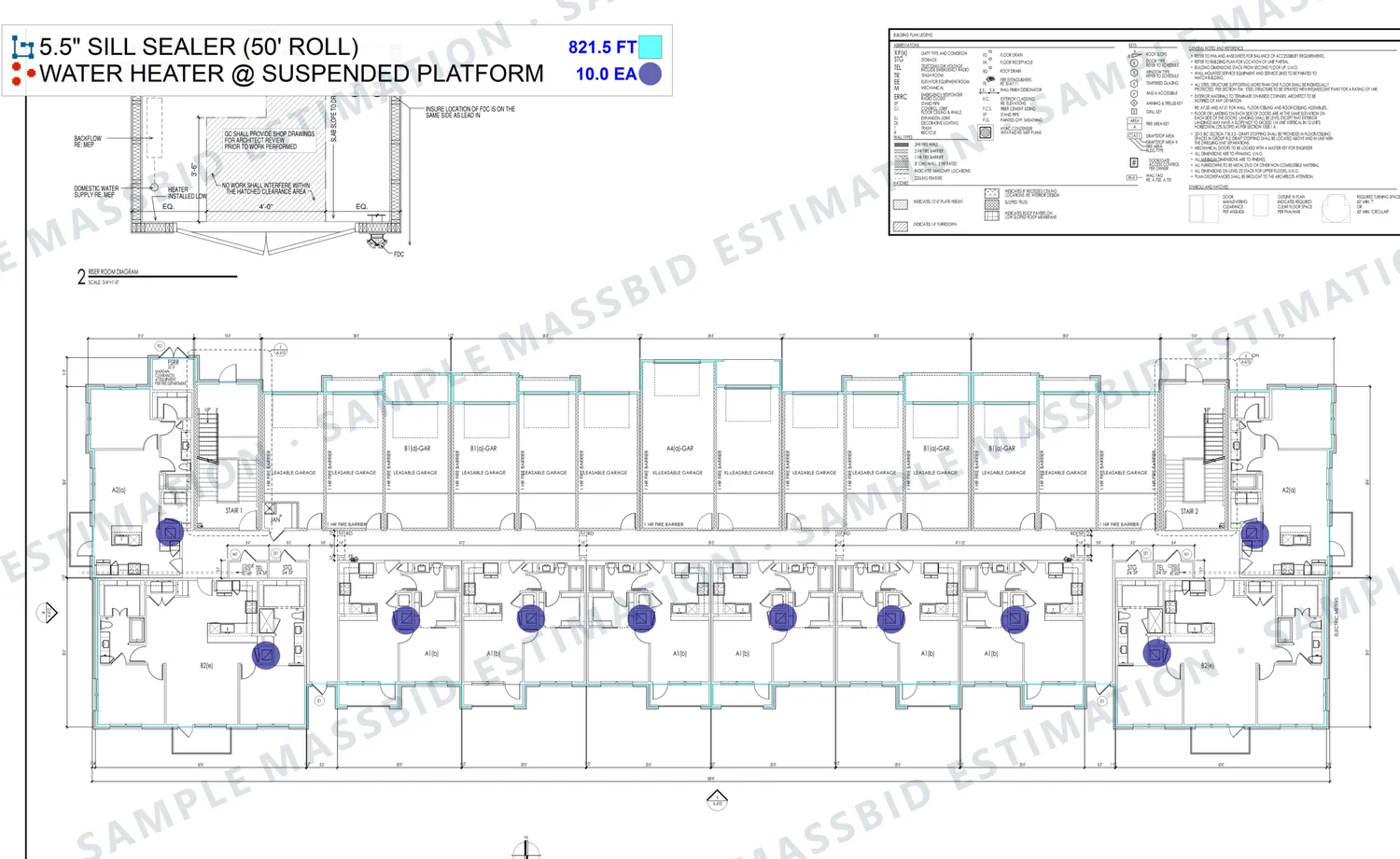First floor plan of a three-story apartment building near Houston, Texas with exterior walls traced for sill sealer and water heater platforms dotted, with a legend listing 821.5 feet and 10 platforms