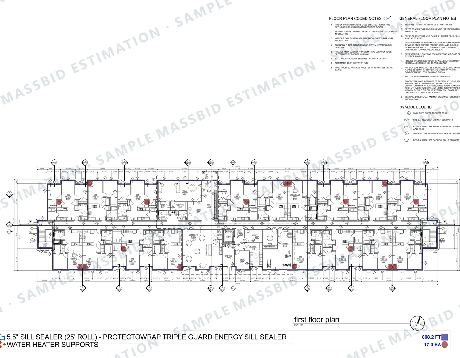 First-floor plan of an apartment building with the exterior wall plates traced and a legend listing 888.2 feet of 5.5 inch sill sealer in 25 foot rolls and 17 water heater supports