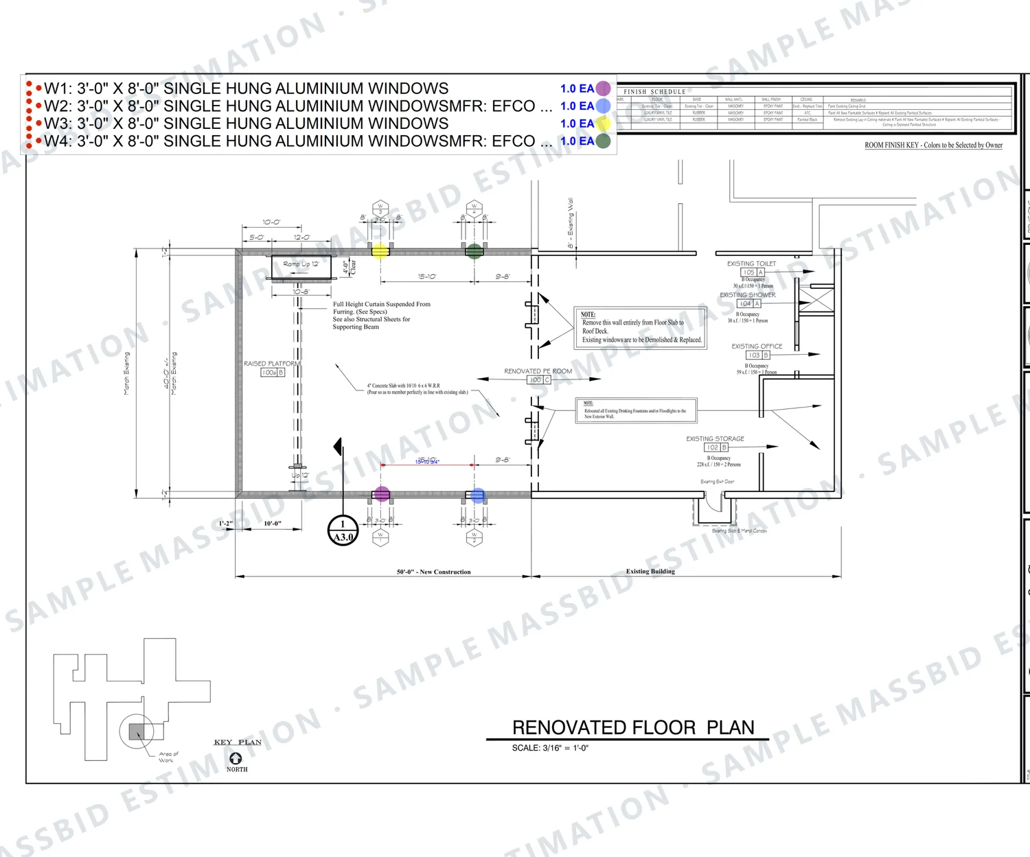 Renovated floor plan of a school multi-purpose room addition with four windows dotted and a legend listing four 3 foot by 8 foot single-hung aluminum windows with the manufacturer series