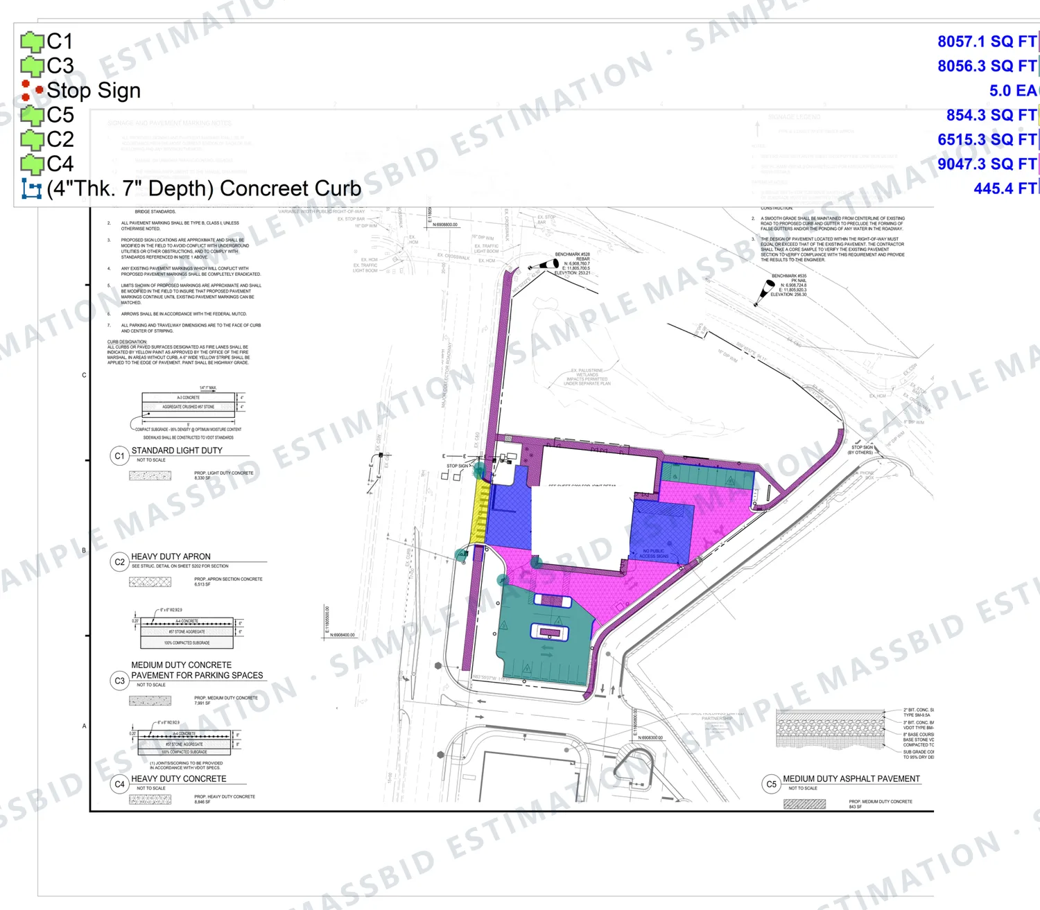 Pavement and signage plan of a public safety building site with five pavement types shaded in separate colors beside their section details, and a legend listing each type from 854.3 to 9,047.3 square feet, 445.4 feet of concrete curb and five stop signs