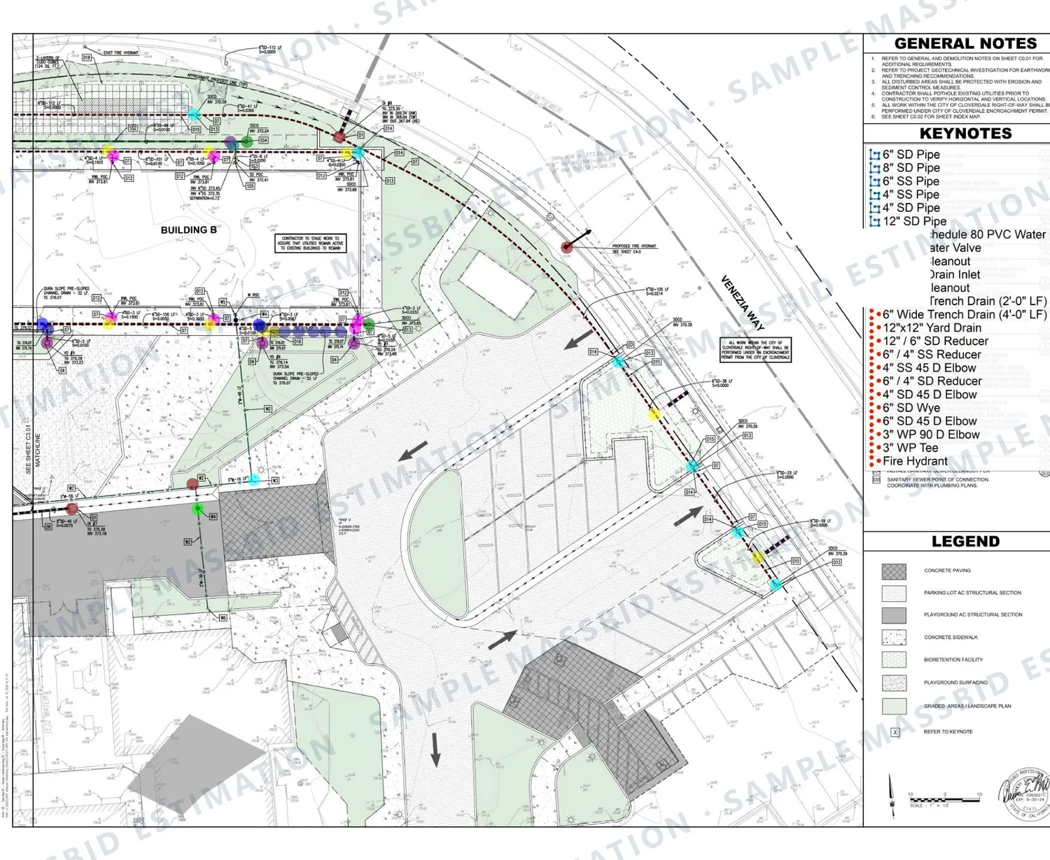 Second utility plan of a school site with pipe runs traced and fittings dotted, and a legend listing pipe by size, cleanouts, drain inlets, trench drains, reducers, elbows, wyes, a water valve and a fire hydrant