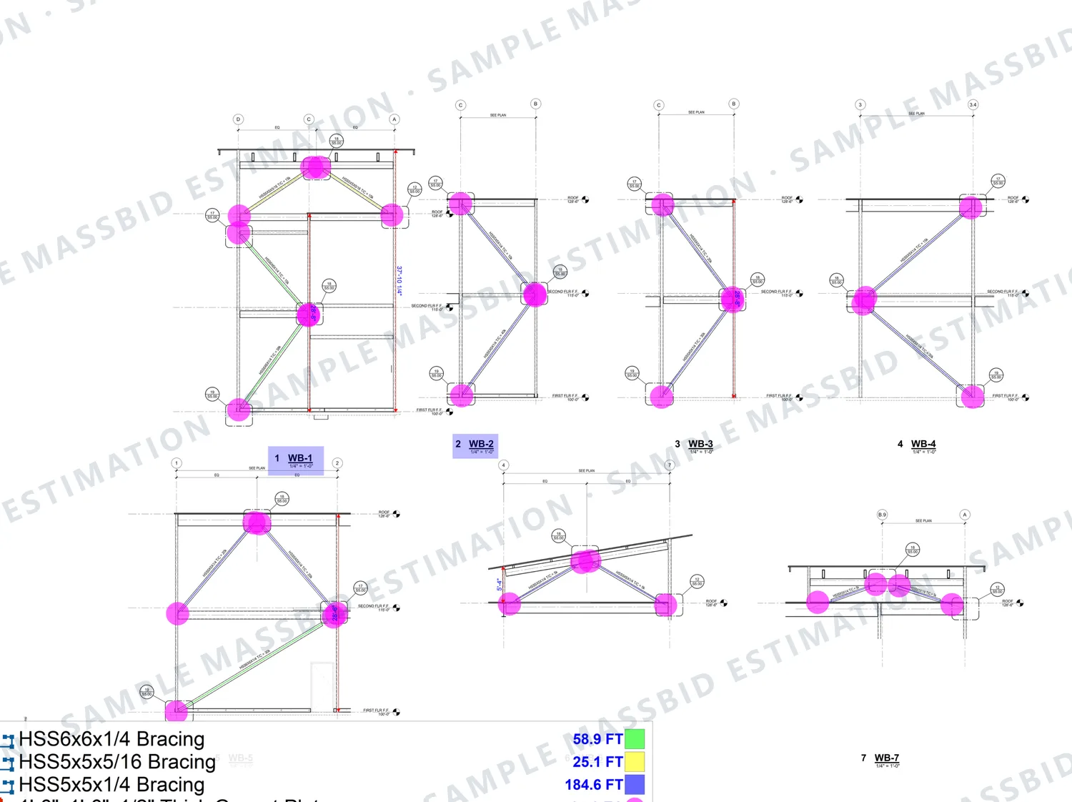 Braced frame elevations of a clinic with diagonal braces traced and connections dotted, and a legend listing HSS bracing in three sizes in linear feet and 34 half-inch gusset plates