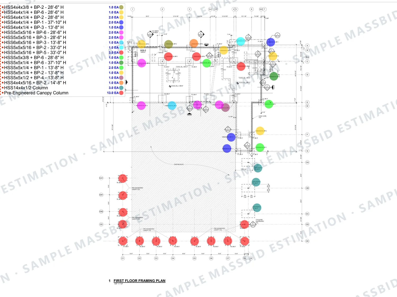 First-floor framing plan of a clinic with a colored dot on every steel column and a legend counting HSS columns by size, wall thickness, base plate type and height, with pre-engineered canopy columns counted separately