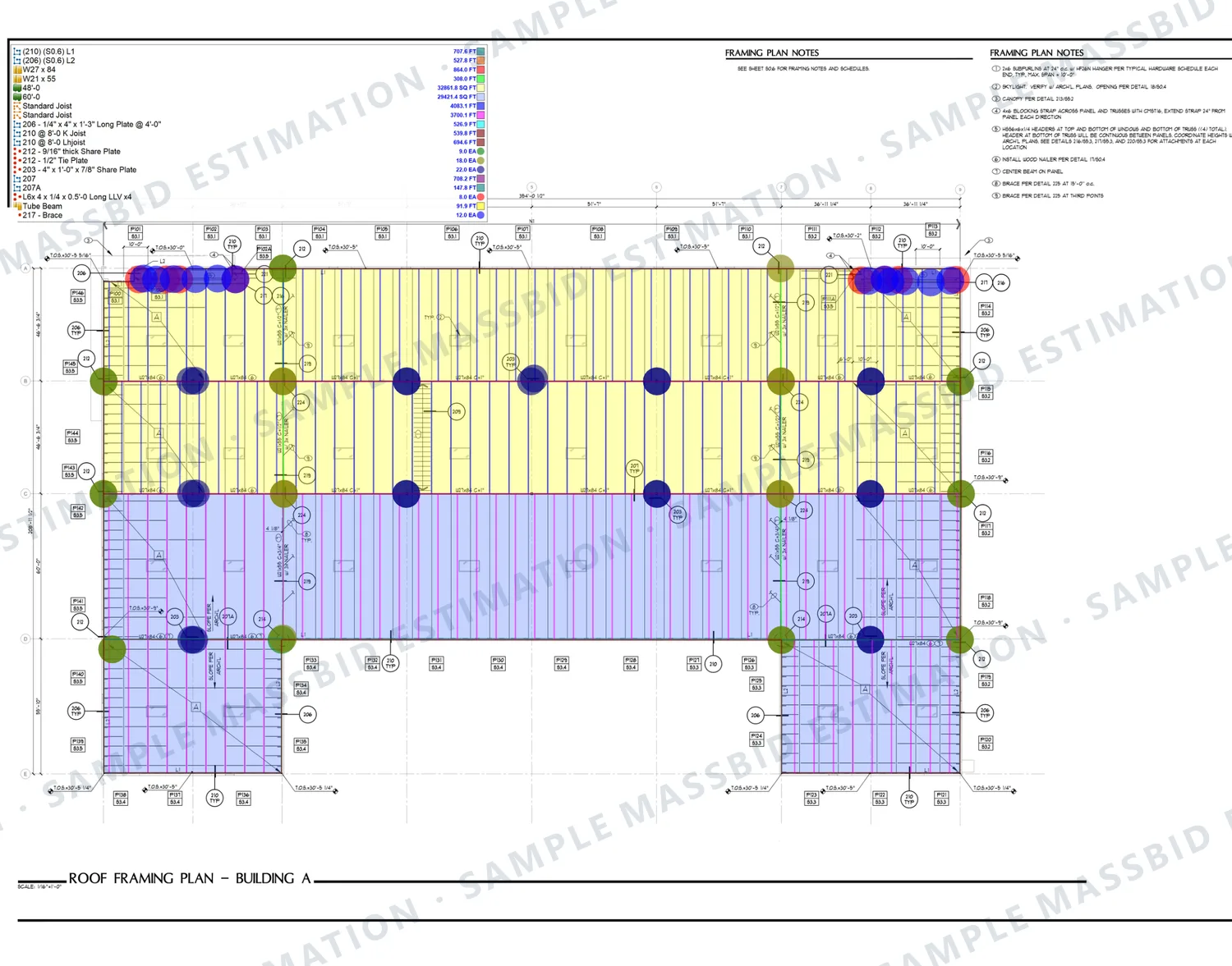 Roof framing plan of a warehouse building with joist bays shaded by joist type, columns dotted and beams traced, and a legend listing ledgers, wide-flange beams, joists by span, plates, angles and braces