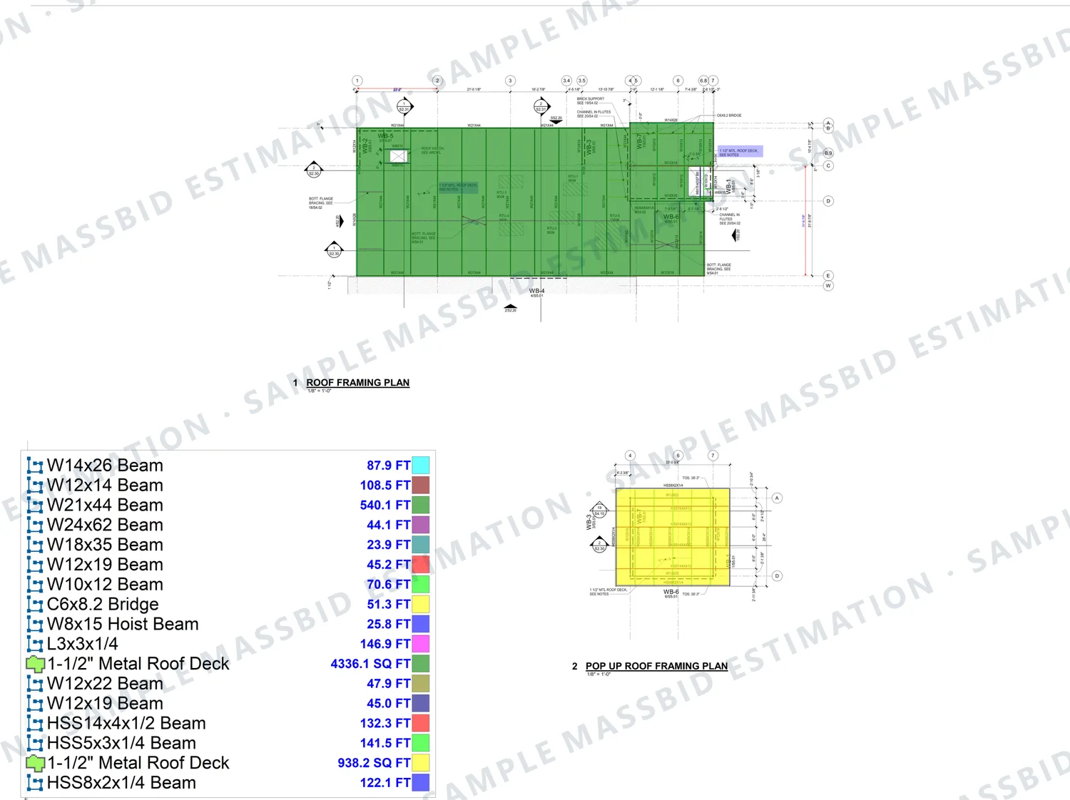 Roof framing plan of a clinic with the metal roof deck shaded and beams traced, and a legend listing wide-flange beams, channels, angles and HSS members by size in linear feet with 4,336.1 and 938.2 square feet of one and a half inch metal roof deck