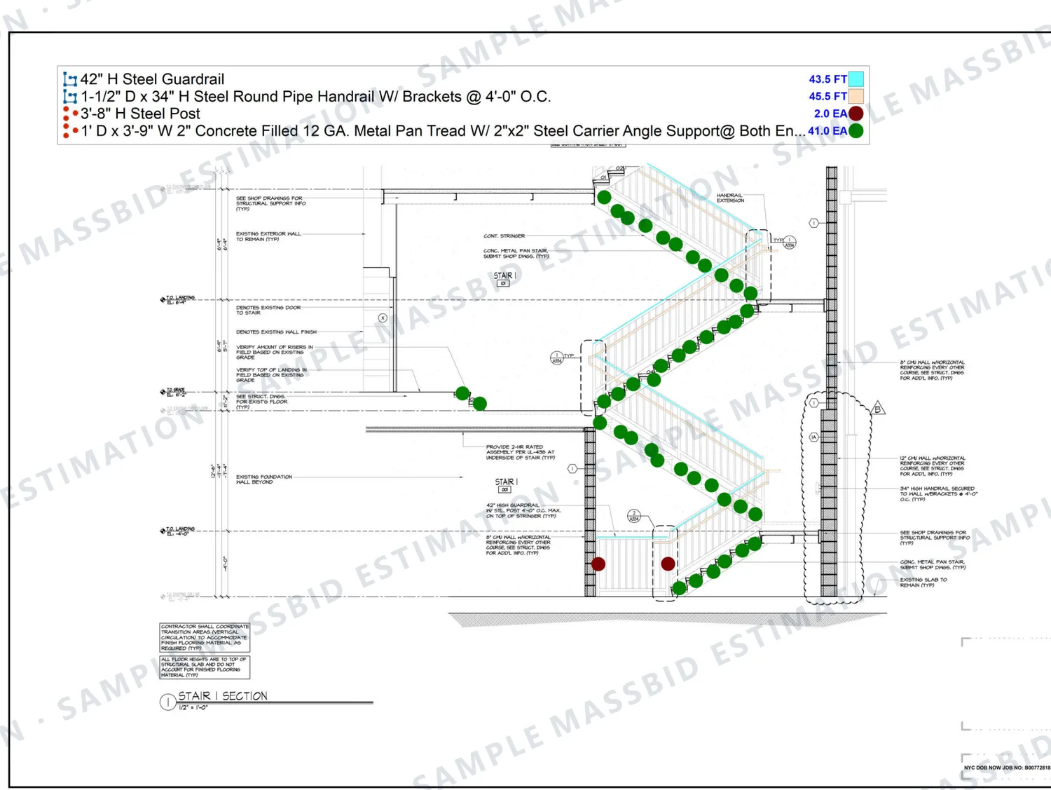 Section through a steel stair with each tread dotted and rails traced, and a legend listing 43.5 feet of 42 inch steel guardrail, 45.5 feet of pipe handrail with brackets, two steel posts and 41 concrete-filled metal pan treads