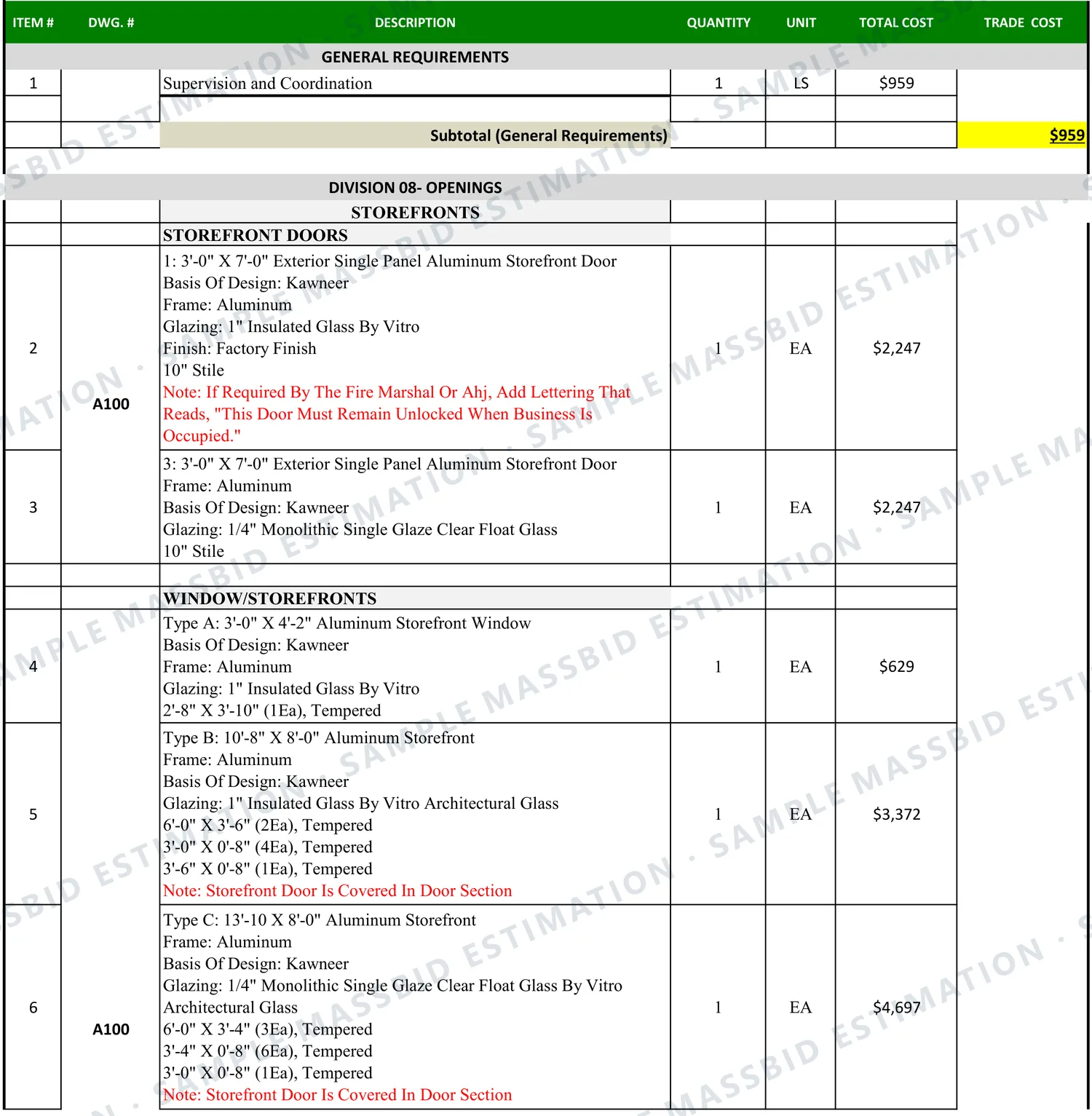 Storefront estimate sheet for an automotive service building in Kentucky listing each storefront door and frame with its glass type, lite sizes, quantity and total cost