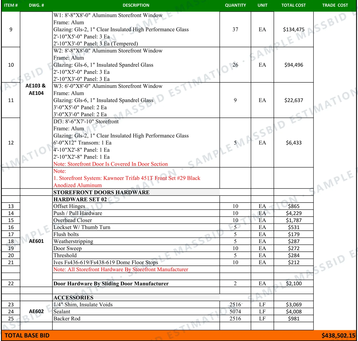 Storefront estimate sheet listing three storefront window marks with frame, glazing type and panel sizes, a storefront frame, a storefront door hardware set item by item, and shim, sealant and backer rod in linear feet, each with quantity, unit and total cost