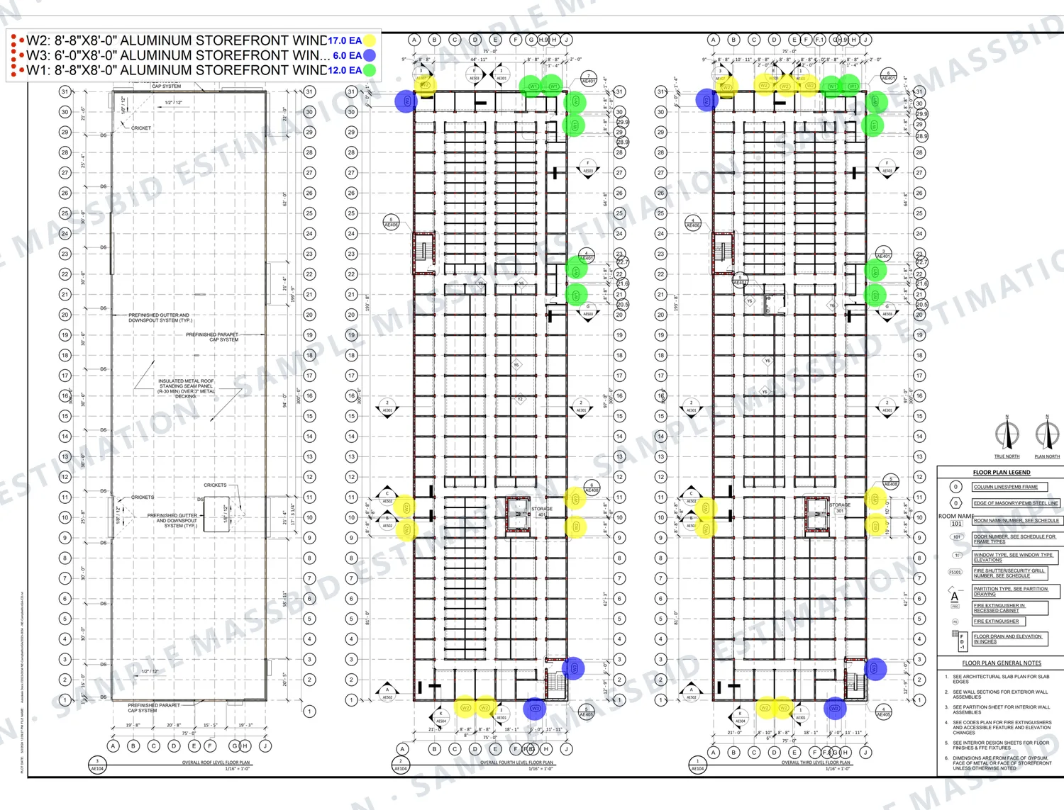 Upper-floor plans of a self-storage building with storefront windows dotted in three colors and a legend counting 17, 6 and 12 aluminum storefront windows of three marks