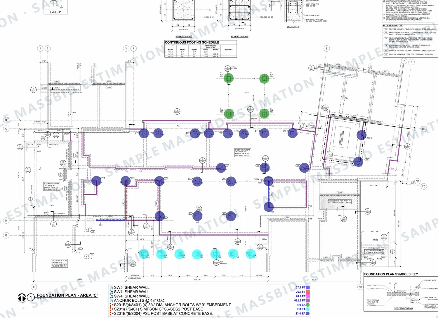 Foundation plan overlay with shear walls traced by type, anchor bolts at 48 inches on center and post bases dotted, each in its own color, with a legend giving footage and counts