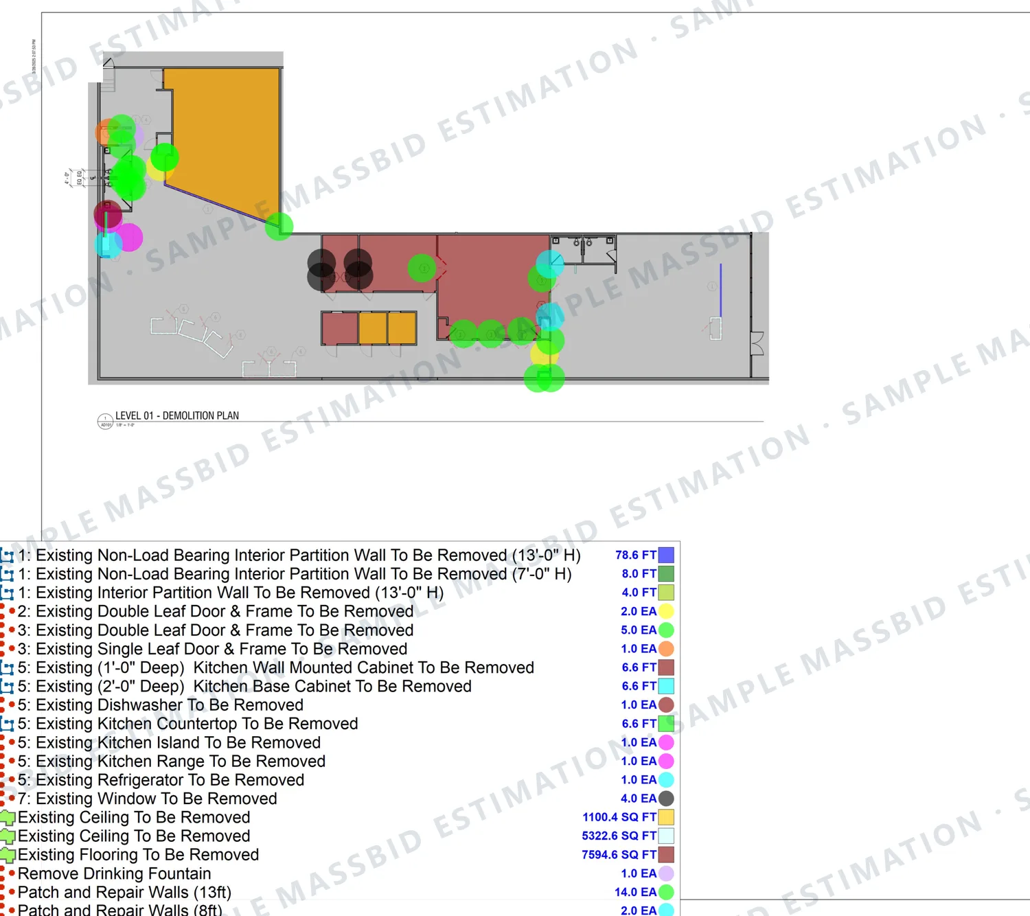 Demolition plan of a tenant space with removal areas shaded and items dotted, and a legend listing interior partitions by height in linear feet, doors, kitchen cabinets and appliances, windows, 6,423 square feet of ceiling and 7,594.6 square feet of flooring to be removed, and wall patching