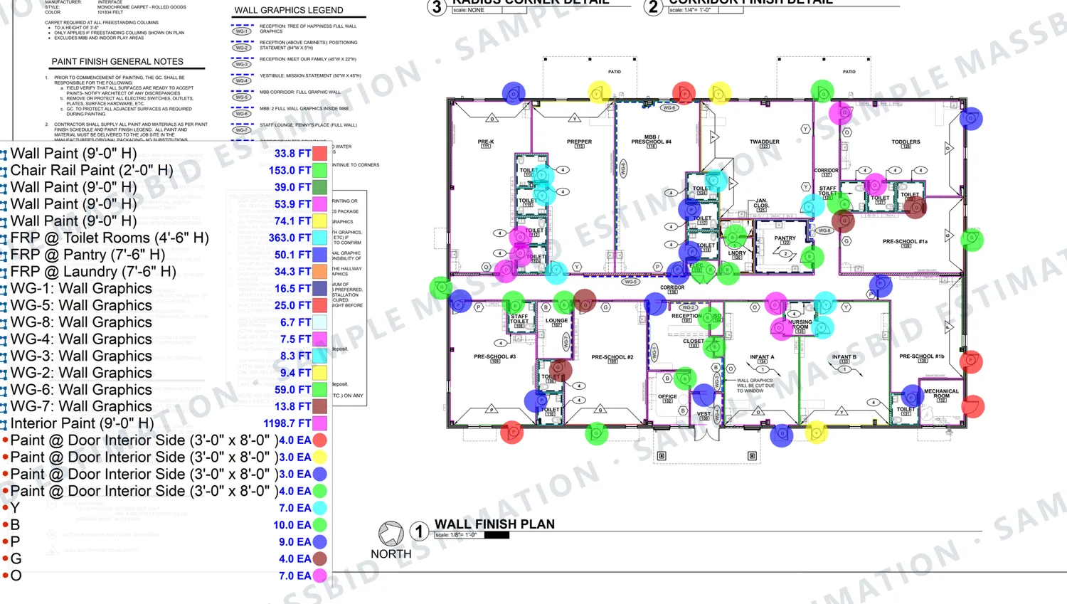 Wall finish plan of a childcare center near Houston, Texas with painted walls, chair rail, wall graphics and reinforced plastic panels traced in colors and a legend listing each in linear feet
