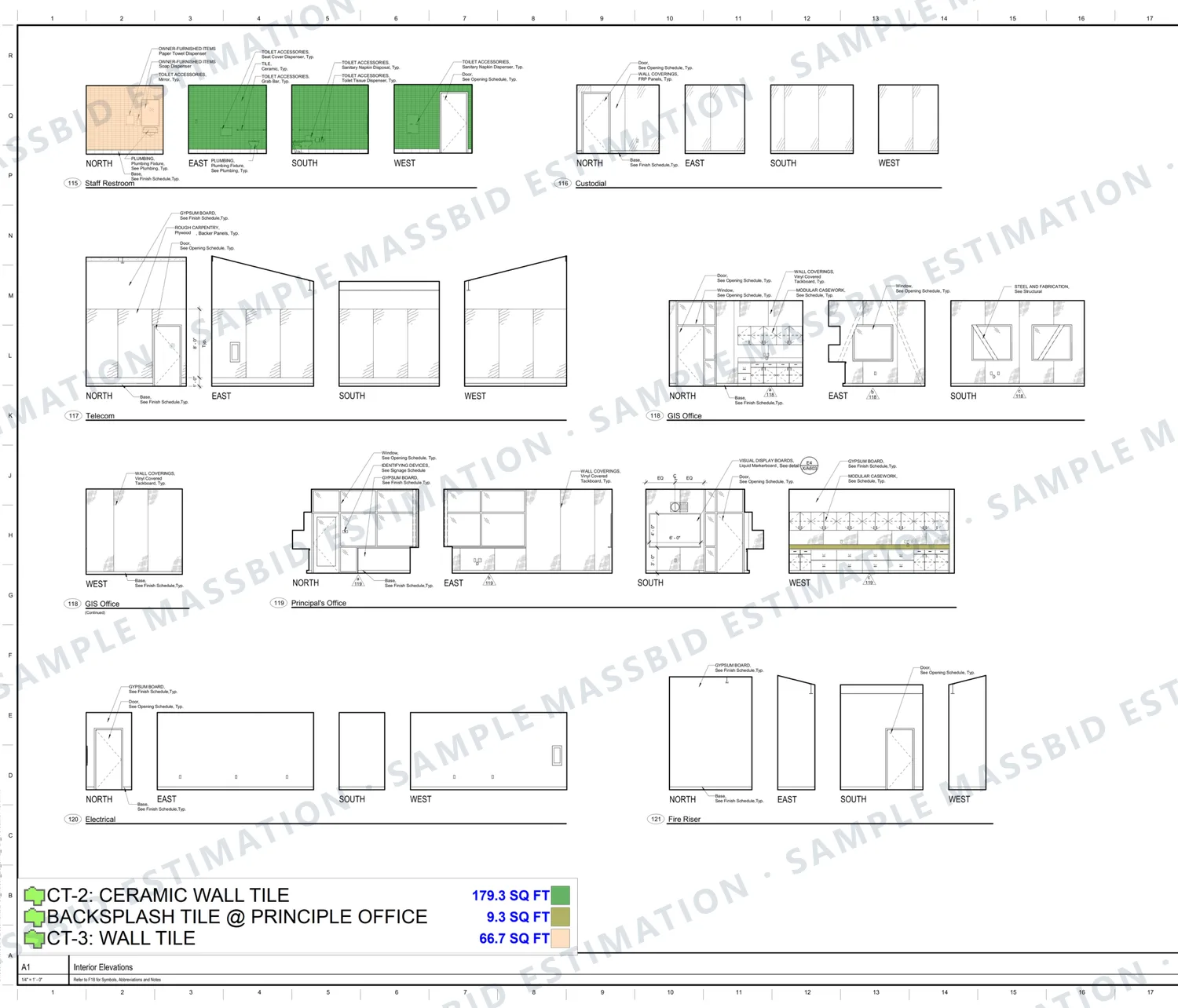 Interior elevations of school restrooms and offices with the tiled walls shaded and a legend listing two ceramic wall tile types and a backsplash tile in square feet