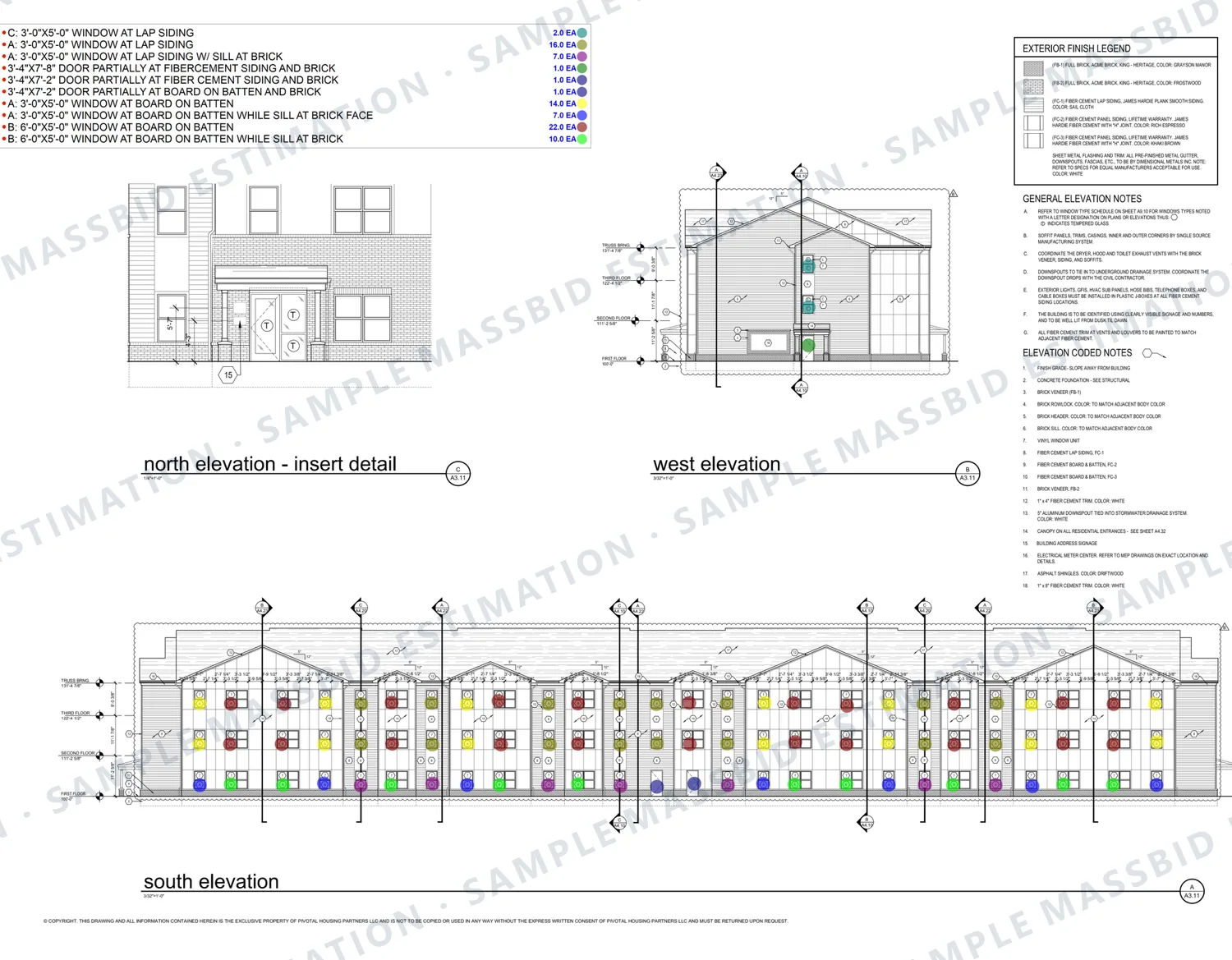 Elevations of an apartment building with a colored dot on every window and door by size and cladding and a legend counting windows at lap siding, board and batten and face brick