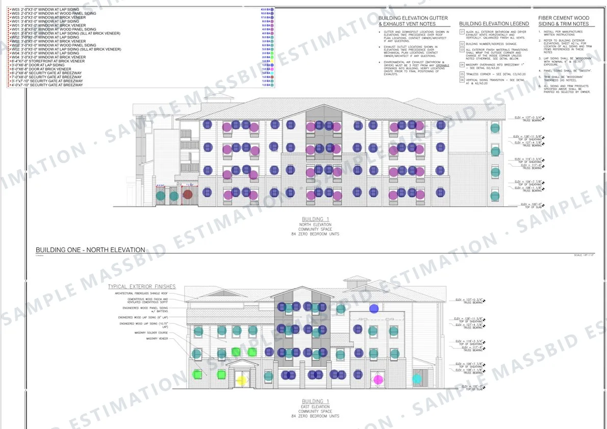 North and east building elevations with a colored dot on every window, door and gate, one color per size and cladding type, and a legend listing the counts