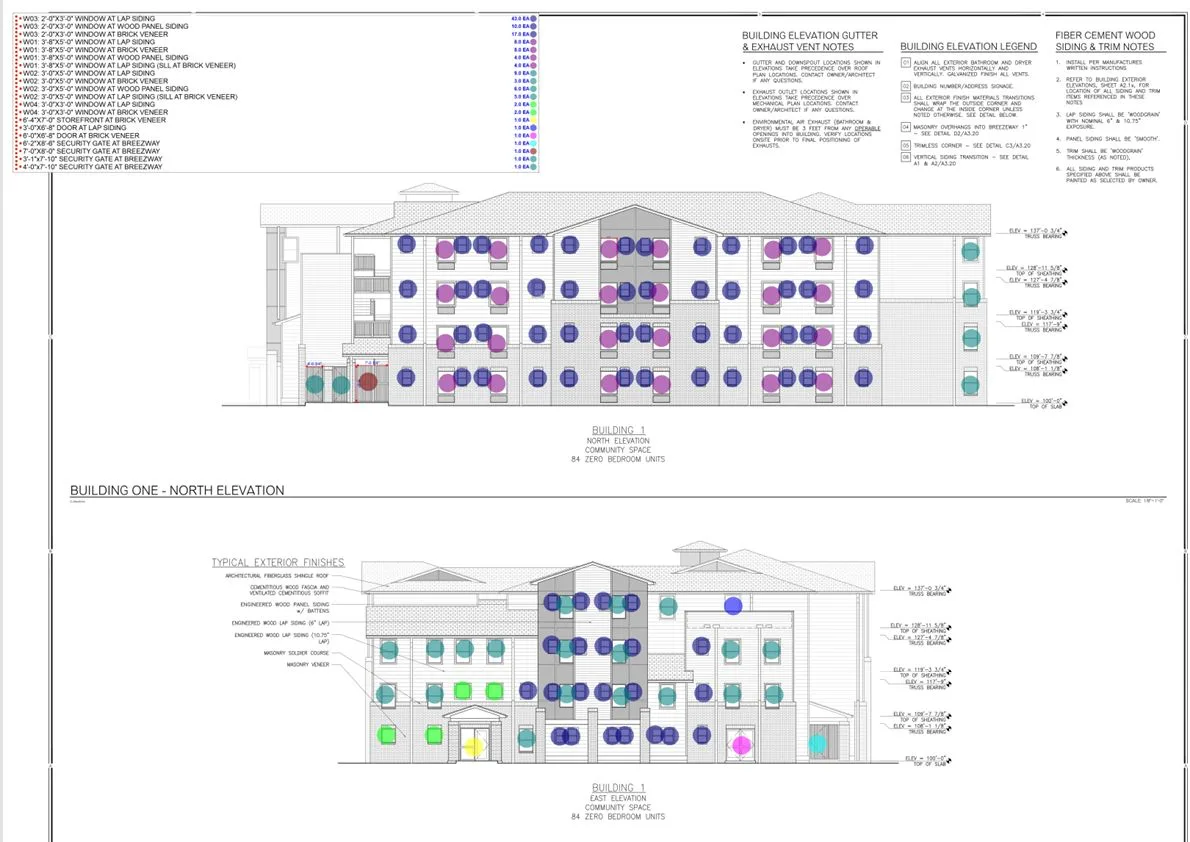 Window, door, storefront and security gate count takeoff on north and east building elevations, with colored dots by opening size and wall cladding and a legend of counts