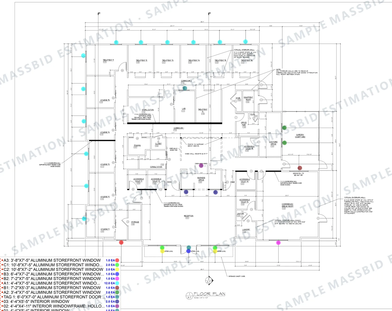 Floor plan of a dental office with exterior storefront windows and interior windows dotted by mark and a legend listing nine aluminum storefront window marks by size and interior window types