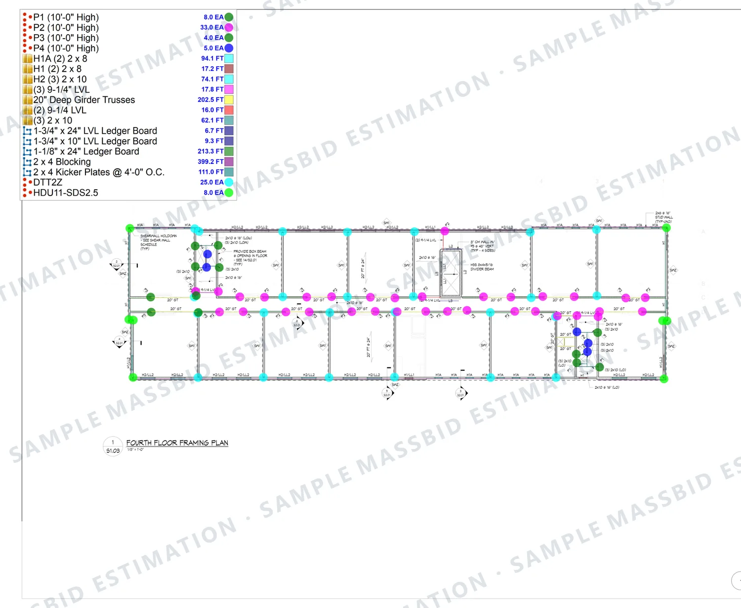 Fourth-floor framing plan with posts and hold-downs dotted and headers traced, and a legend counting four post types, headers and LVL beams by size in linear feet, ledger boards, blocking, kicker plates and two hold-down models