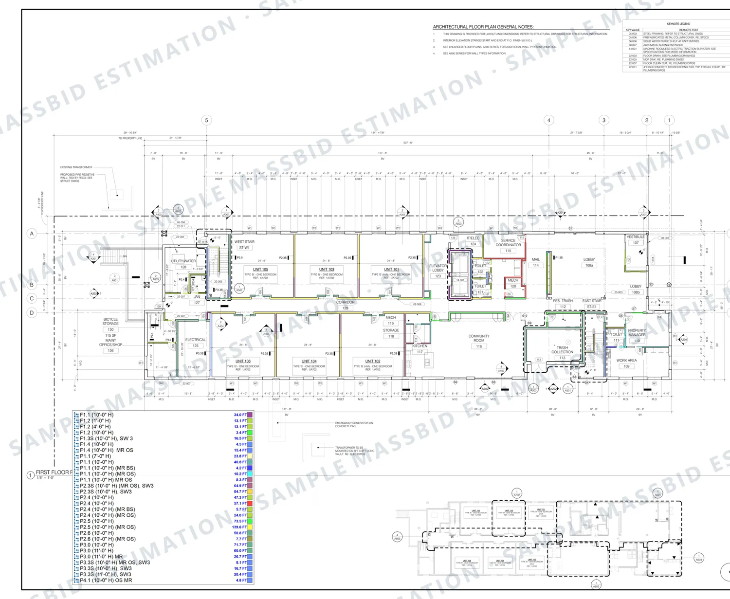 First-floor plan of an apartment building with walls traced in colors by partition type and a legend listing about thirty wall types by tag, height, moisture-resistant board and shear wall designation, each in linear feet